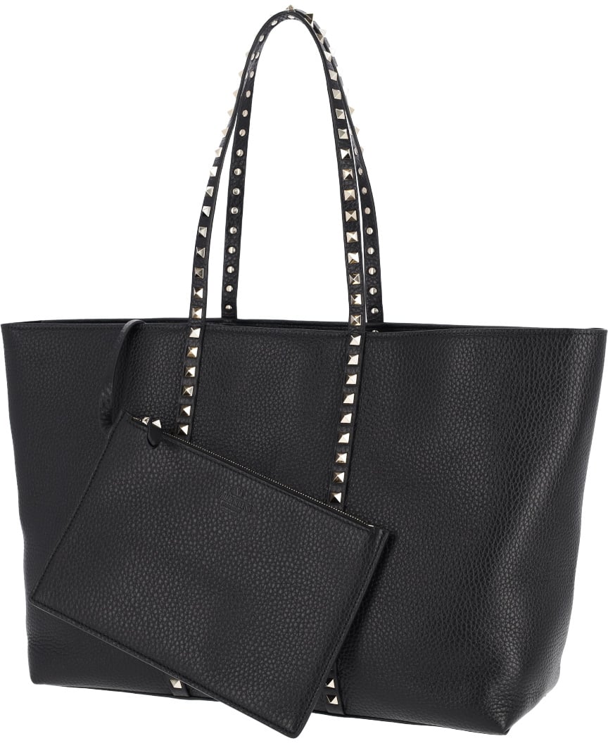 Valentino Garavani Black Rockstud Textured Leather Tote Zwart