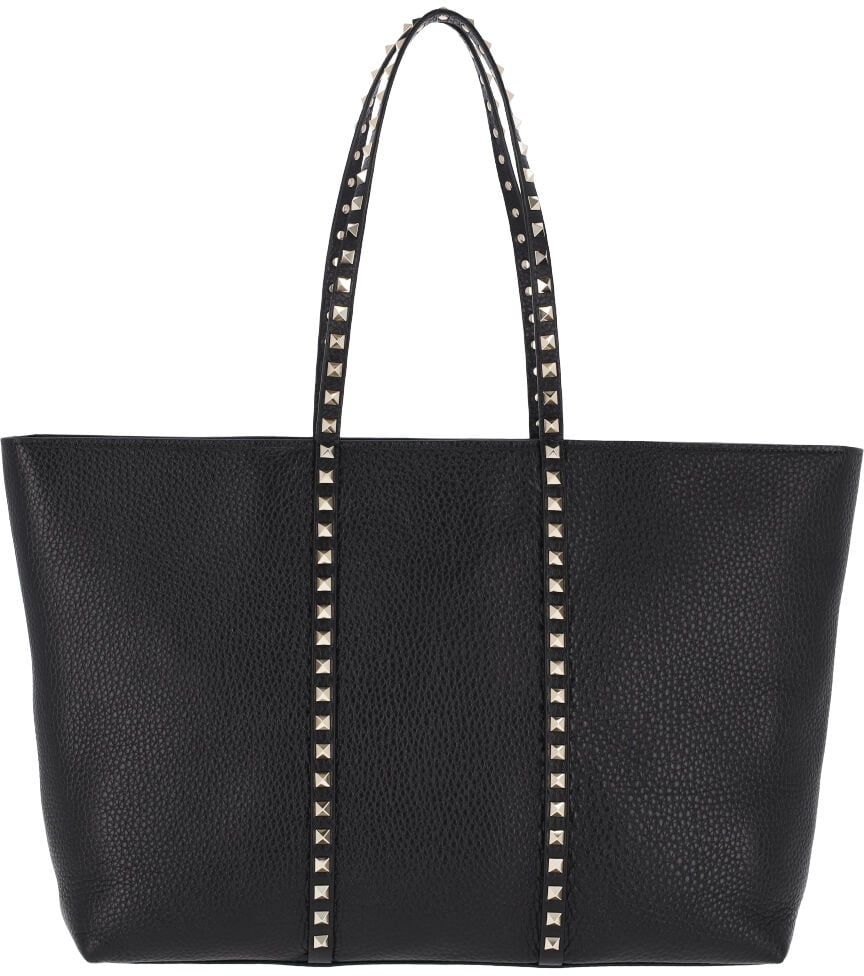 Valentino Garavani Black Rockstud Textured Leather Tote Zwart