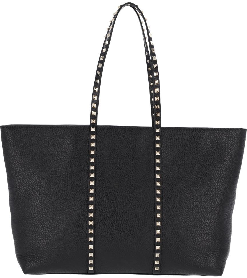 Valentino Garavani Black Rockstud Textured Leather Tote Zwart