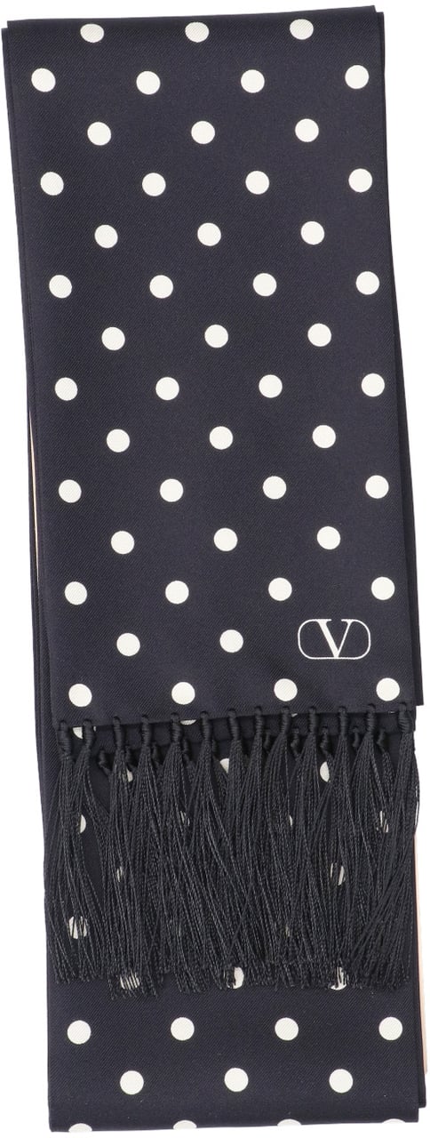 Valentino Garavani Black Polka Dot Silk Fringed Scarf Zwart