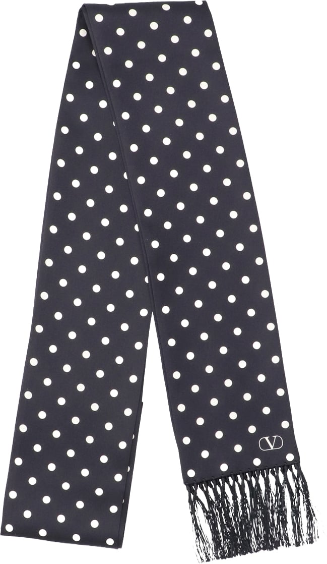 Valentino Garavani Black Polka Dot Silk Fringed Scarf Zwart