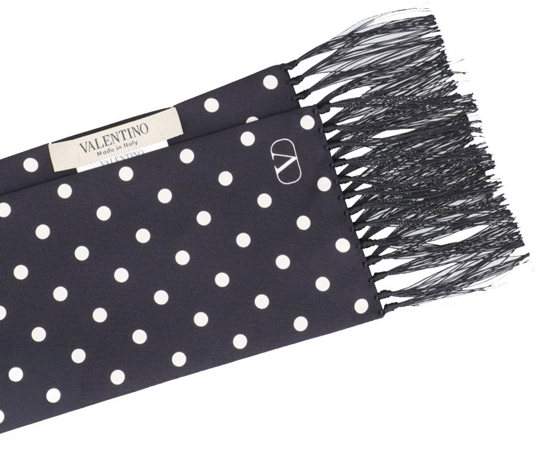Valentino Garavani Black Polka Dot Silk Fringed Scarf Zwart