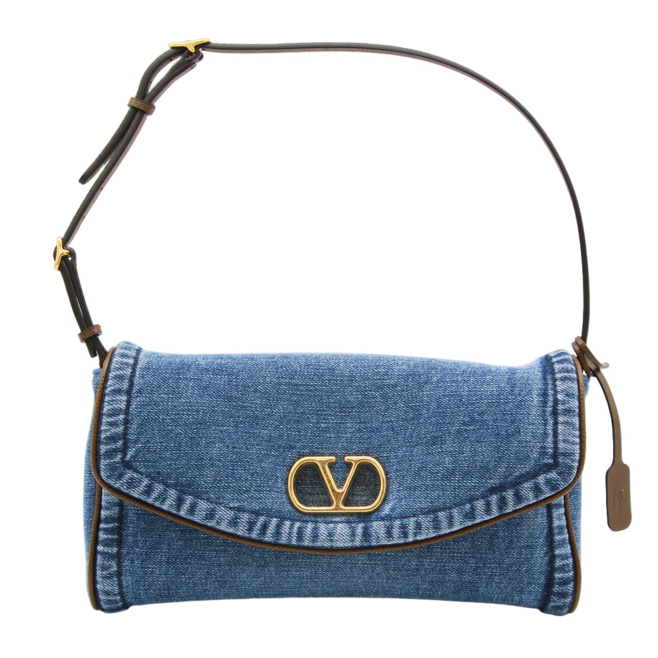 Valentino Garavani Structured Denim Shoulder Bag With Gold-Tone Emblem Blauw