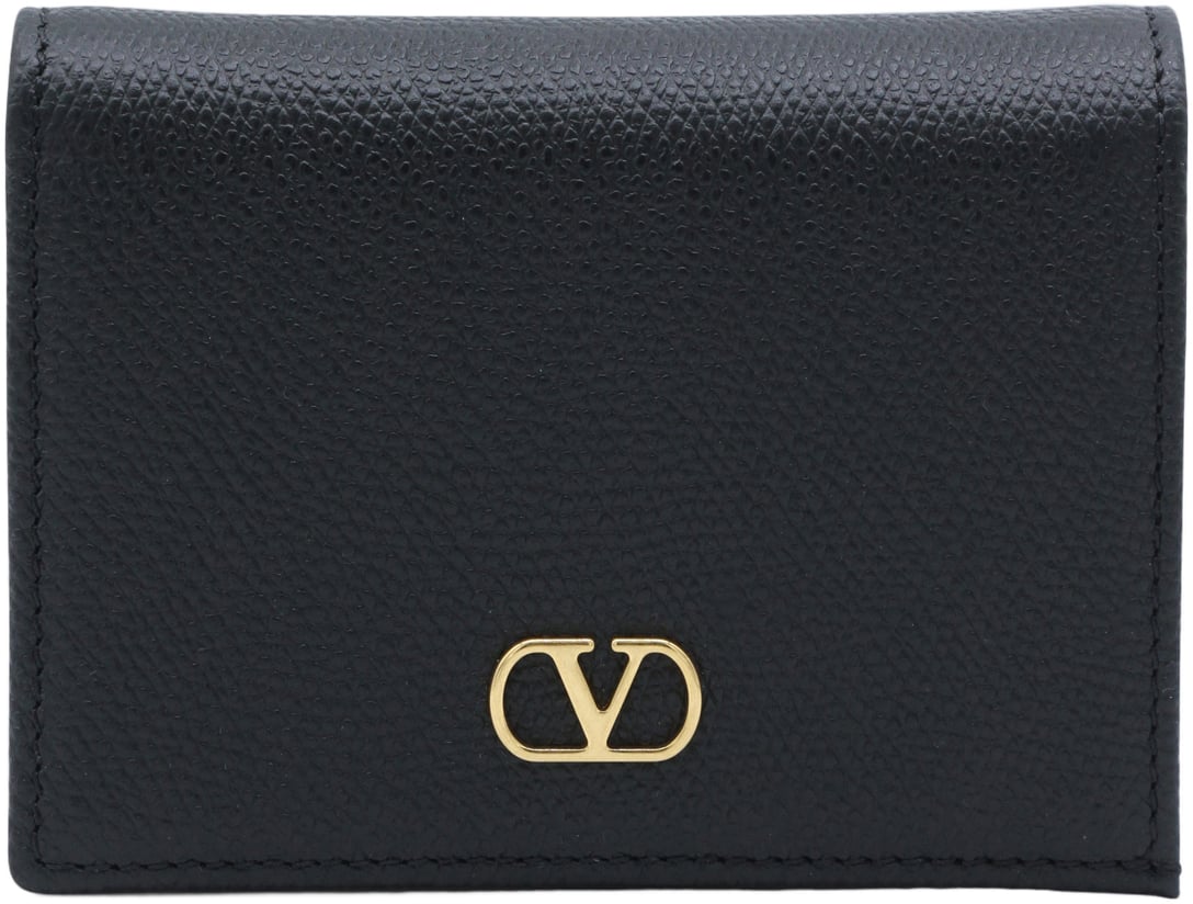 Valentino Garavani Textured Black Leather Wallet with Gold-tone Logo Zwart