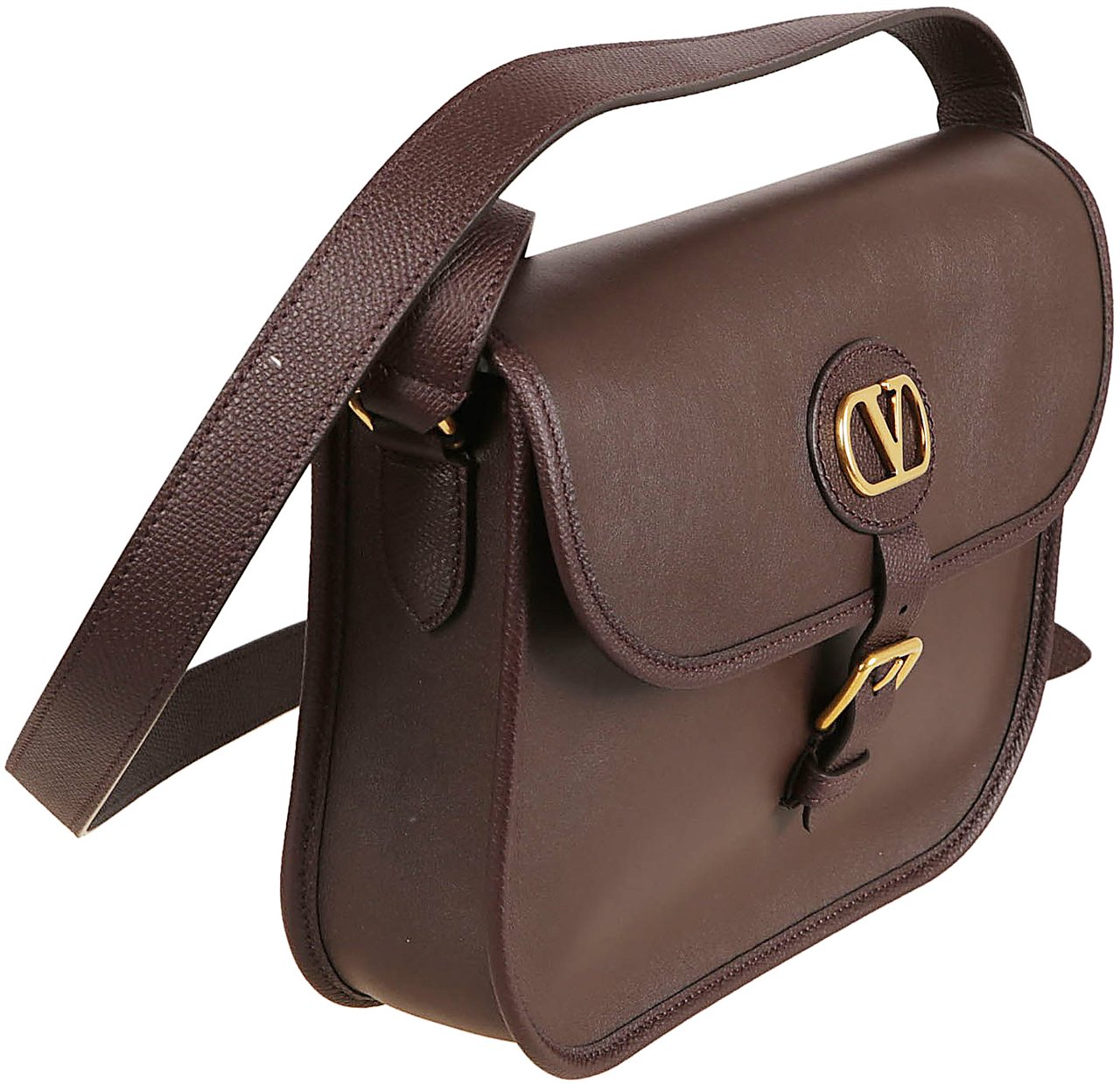 Valentino Garavani Structured Brown Calf Leather Crossbody Bag with VLogo Detail Zwart