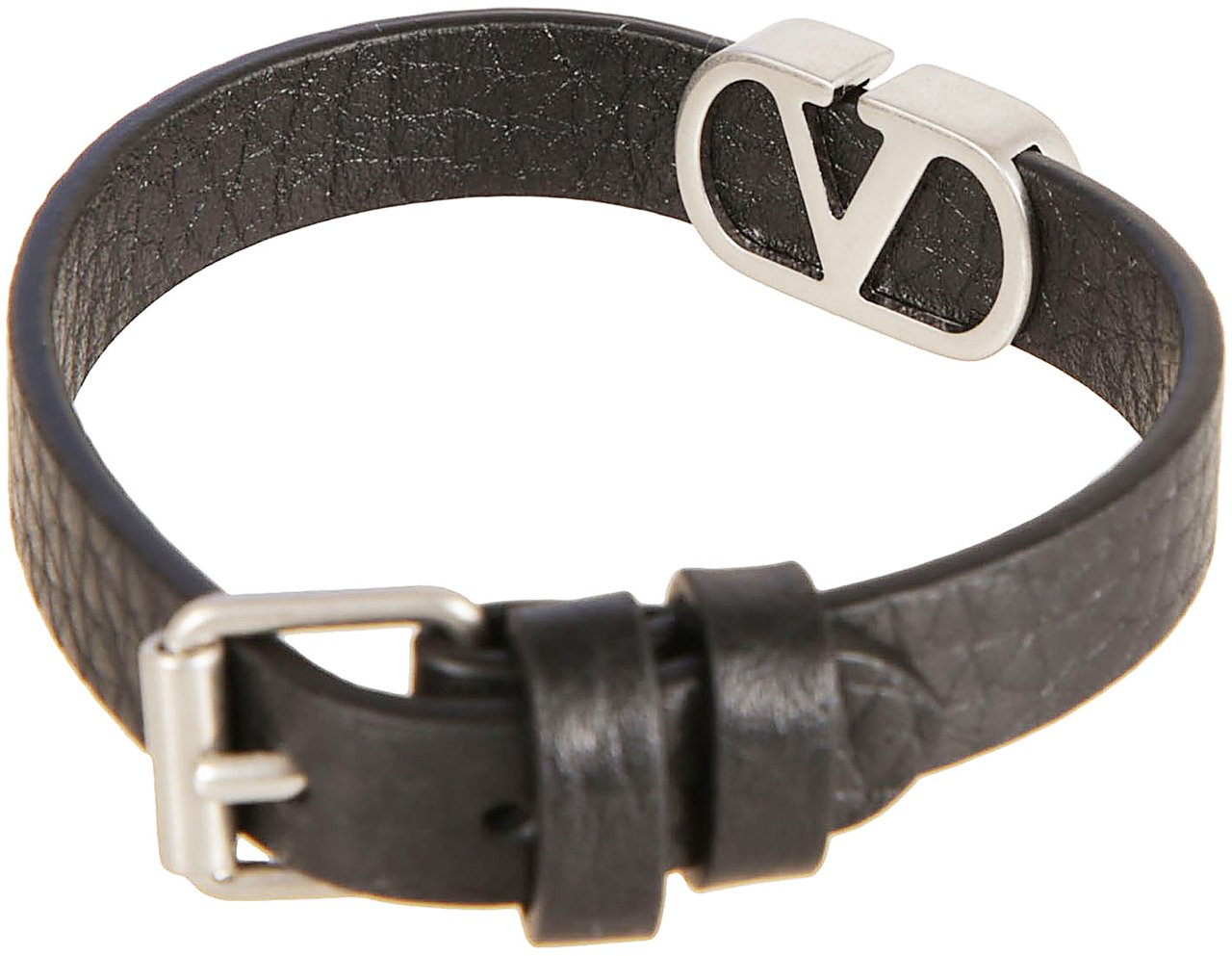 Valentino Garavani Textured Black Leather Bracelet with VLogo Centerpiece Zwart
