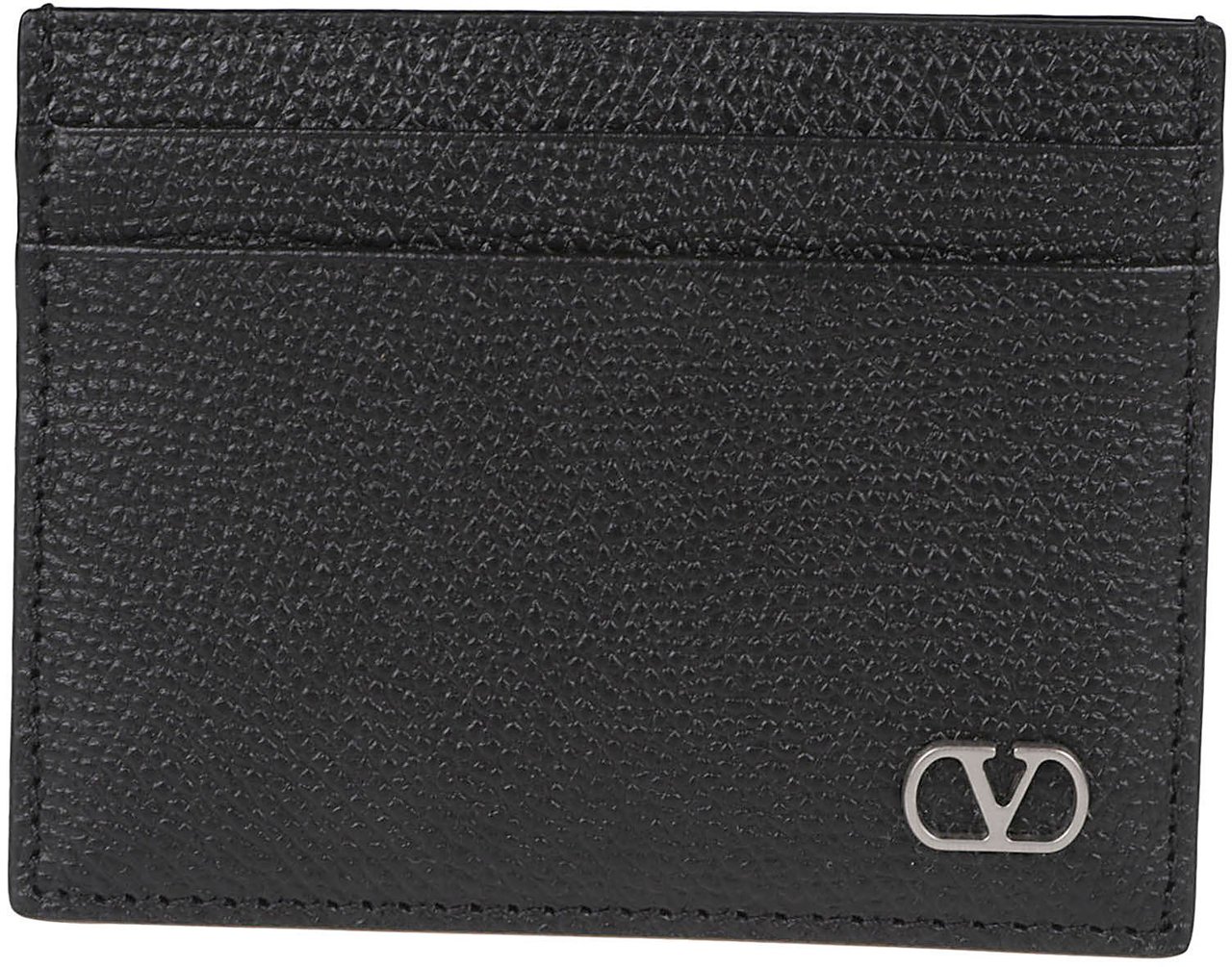 Valentino Garavani Textured Black Calf Leather Cardholder Zwart