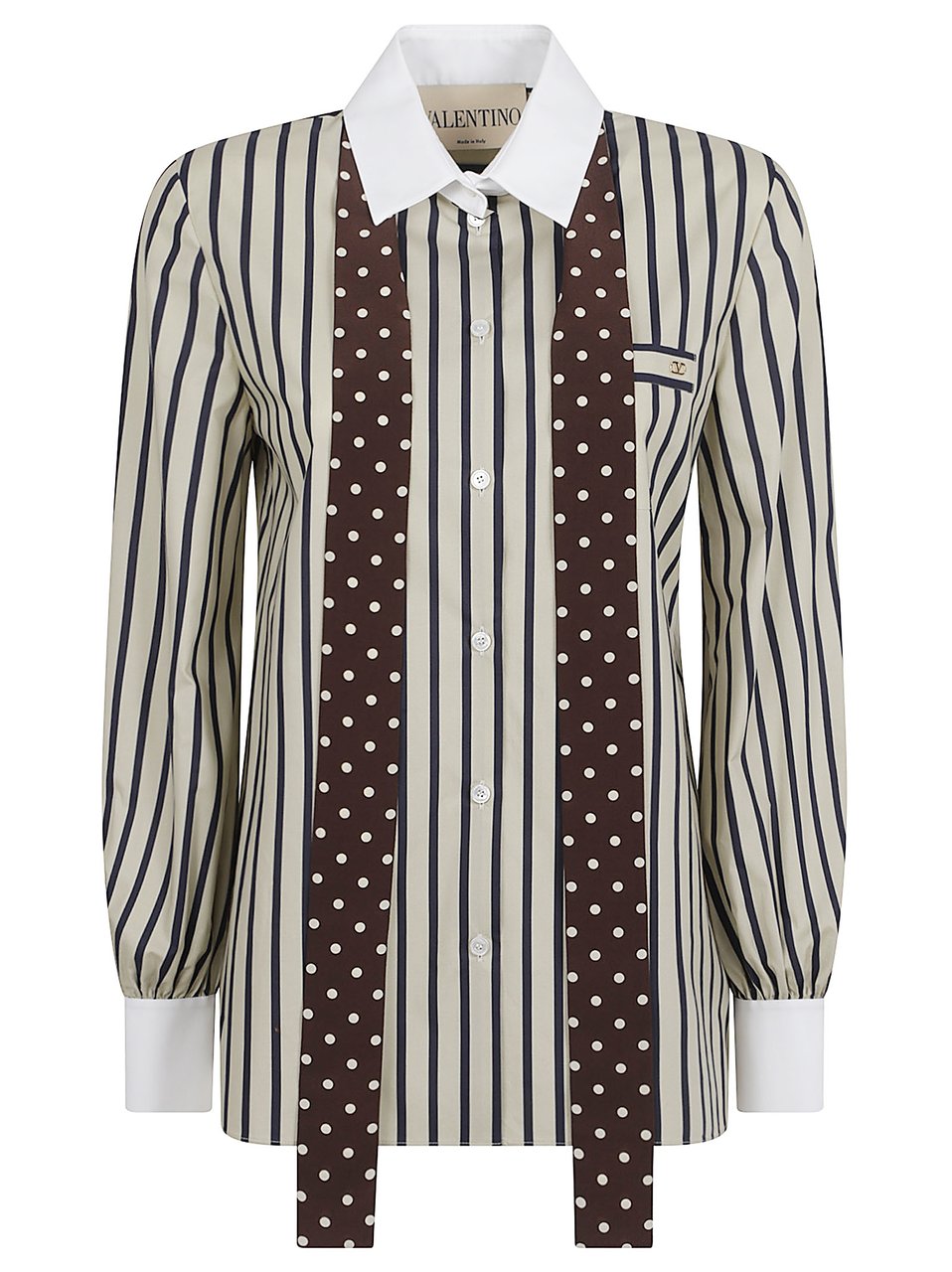 Valentino Garavani Vertical Stripe Cotton Shirt with Integrated Scarf Detail Grijs