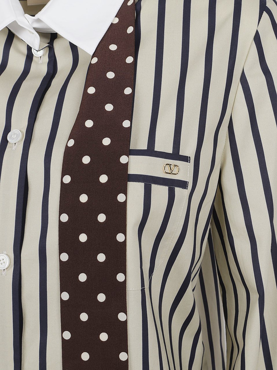 Valentino Garavani Vertical Stripe Cotton Shirt with Integrated Scarf Detail Grijs