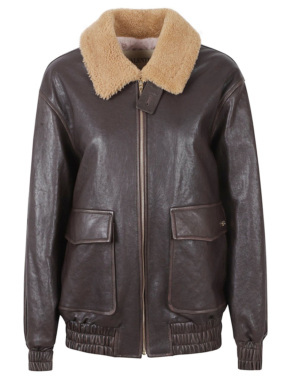 Valentino Garavani Rich Dark Brown Leather Coat with Shearling Collar Grijs