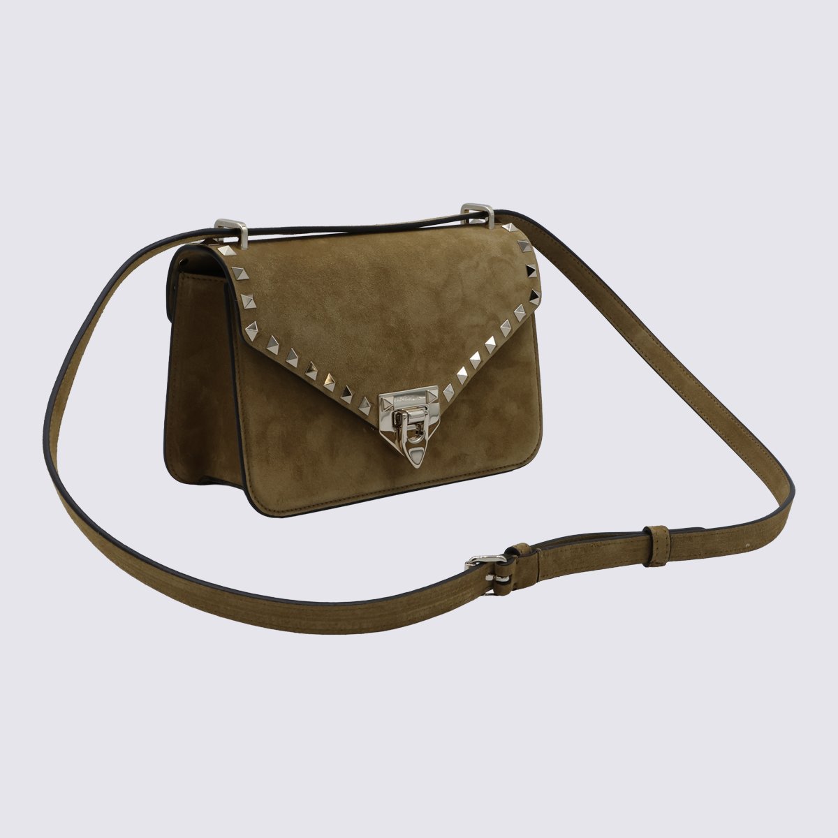 Valentino Garavani Rectangular Suede Shoulder Bag with Silver Pyramid Studs Zwart