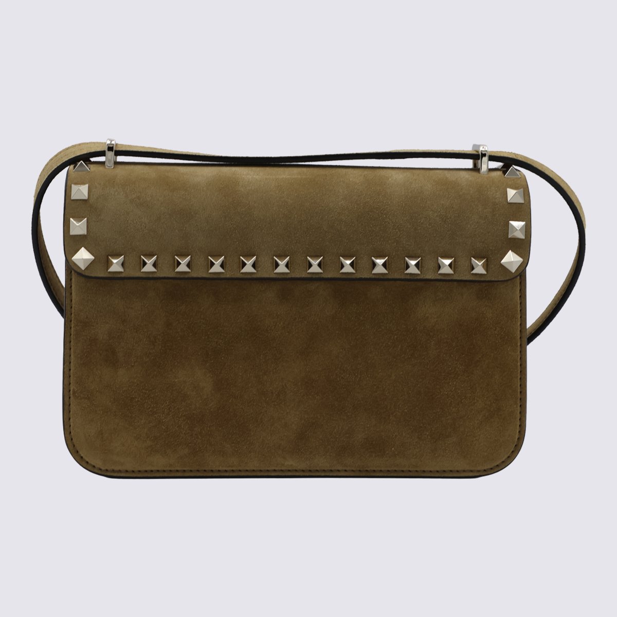 Valentino Garavani Rectangular Suede Shoulder Bag with Silver Pyramid Studs Zwart