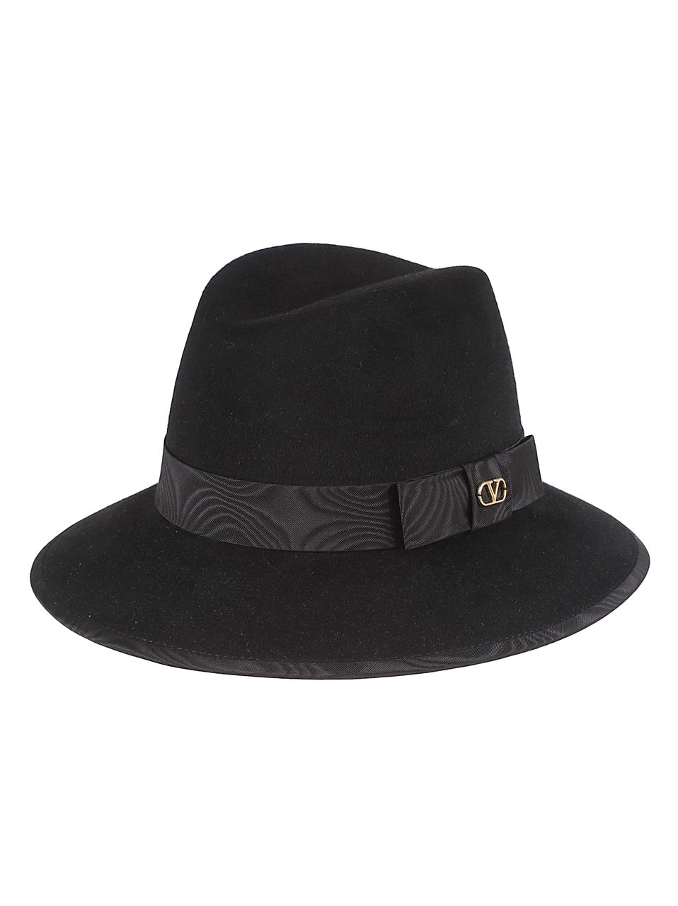 Valentino Garavani VLogo Signature Wide-Brim Hat with Textured Ribbon and Antique Gold Emblem Zwart