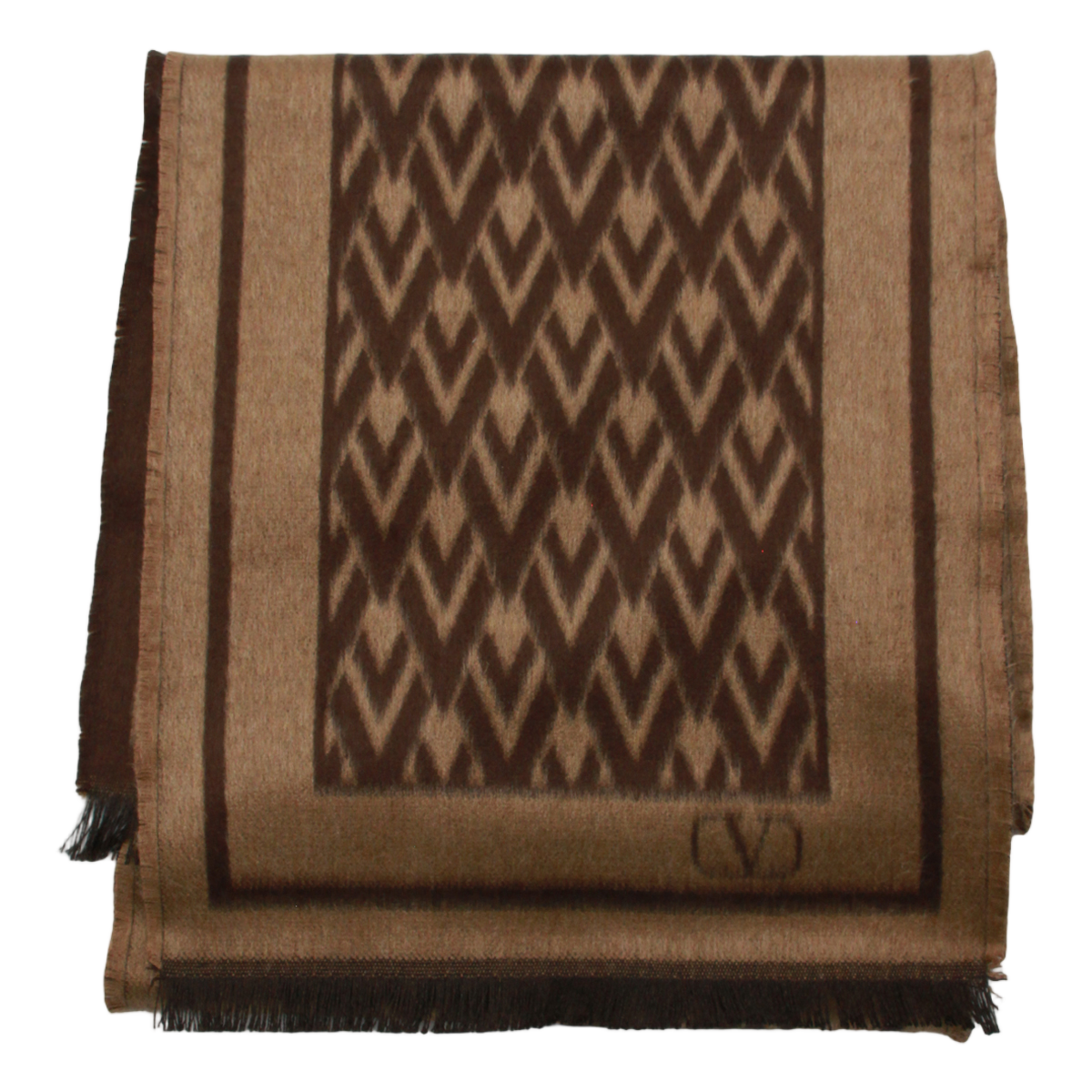 Valentino Garavani Rectangular Brown Geometric Pattern Scarf With Fringed Edges Zwart