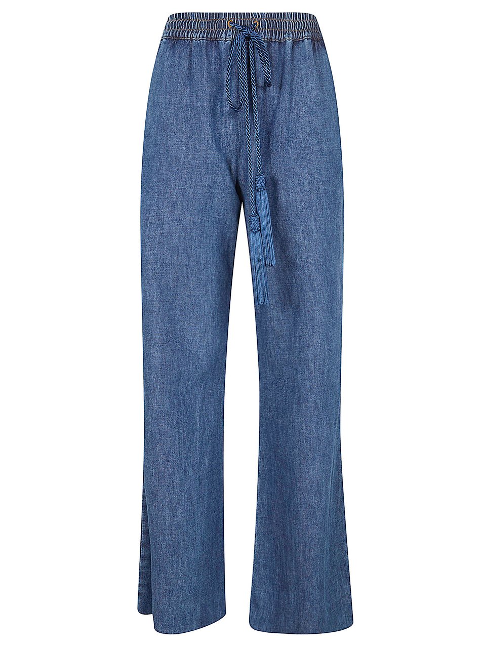 Valentino Garavani Medium Blue Chambray Denim Pants with Adjustable Waistband Blauw