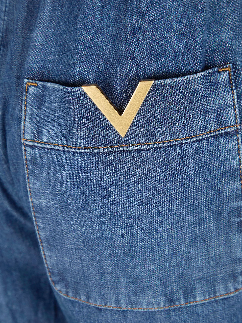 Valentino Garavani Medium Blue Chambray Denim Pants with Adjustable Waistband Blauw