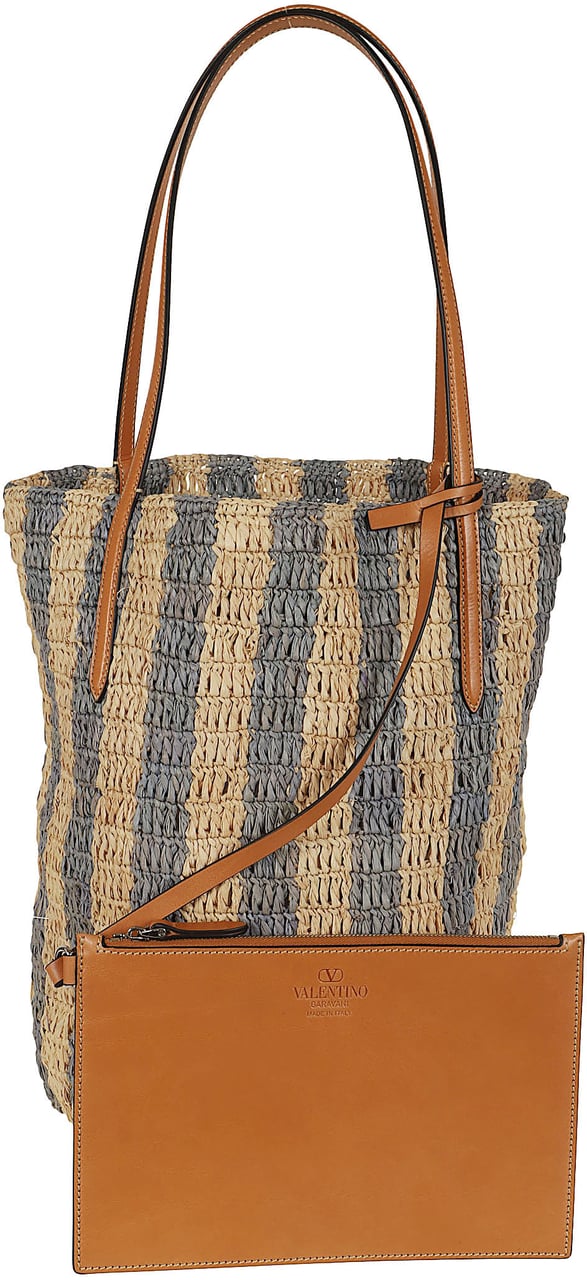 VALENTINO GARAVANI BUCKET BAG | VLOGO SIGNATURE | CROCHET RAFIA STRIPES/VAC.LISCIA/VIT.ST. Beige