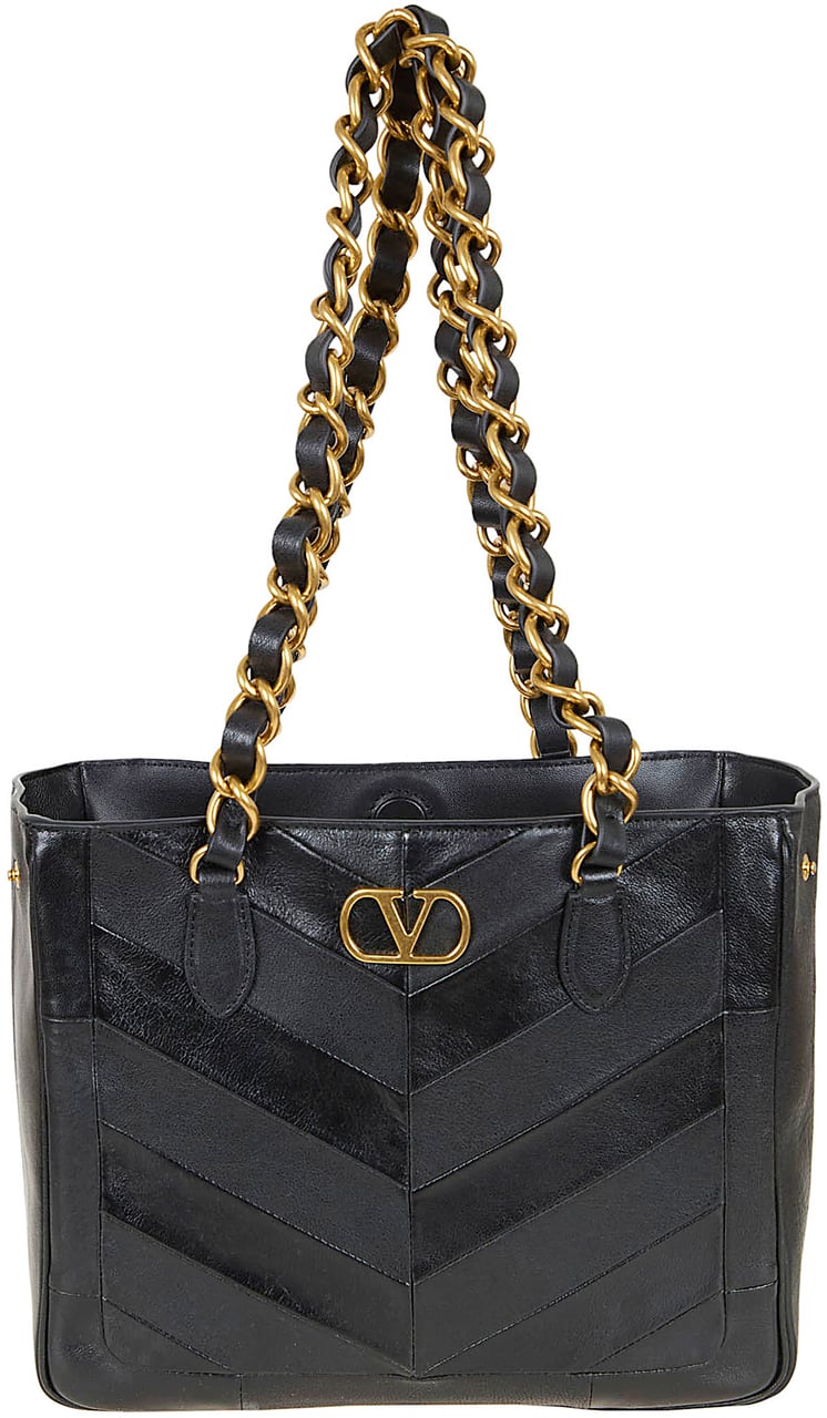 VALENTINO GARAVANI SMALL TOTE | LASEINE | PATCHWORK NAPPA MATTE-NAPPA WAXY/A.GOLD- Zwart
