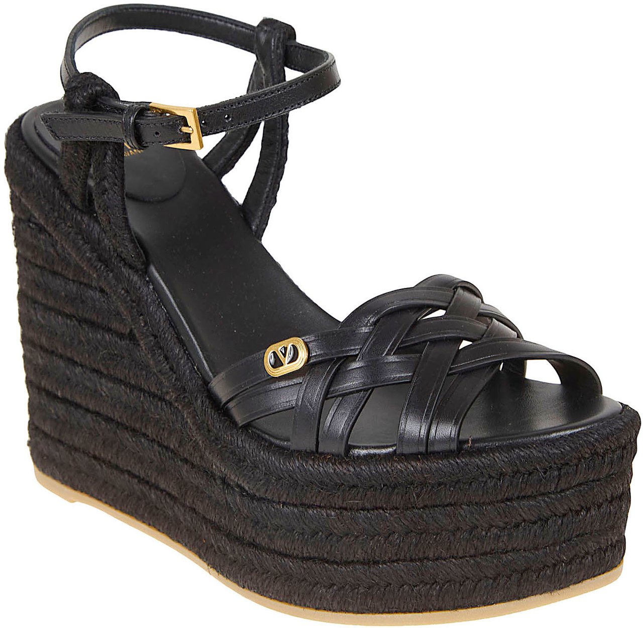 VALENTINO GARAVANI WEDGE ESPADRILLAS | VG BRIBRI | T. 50/120 | VACCHETTA/TRECCIA CORDA/VIT./A.BRASS LOG Zwart