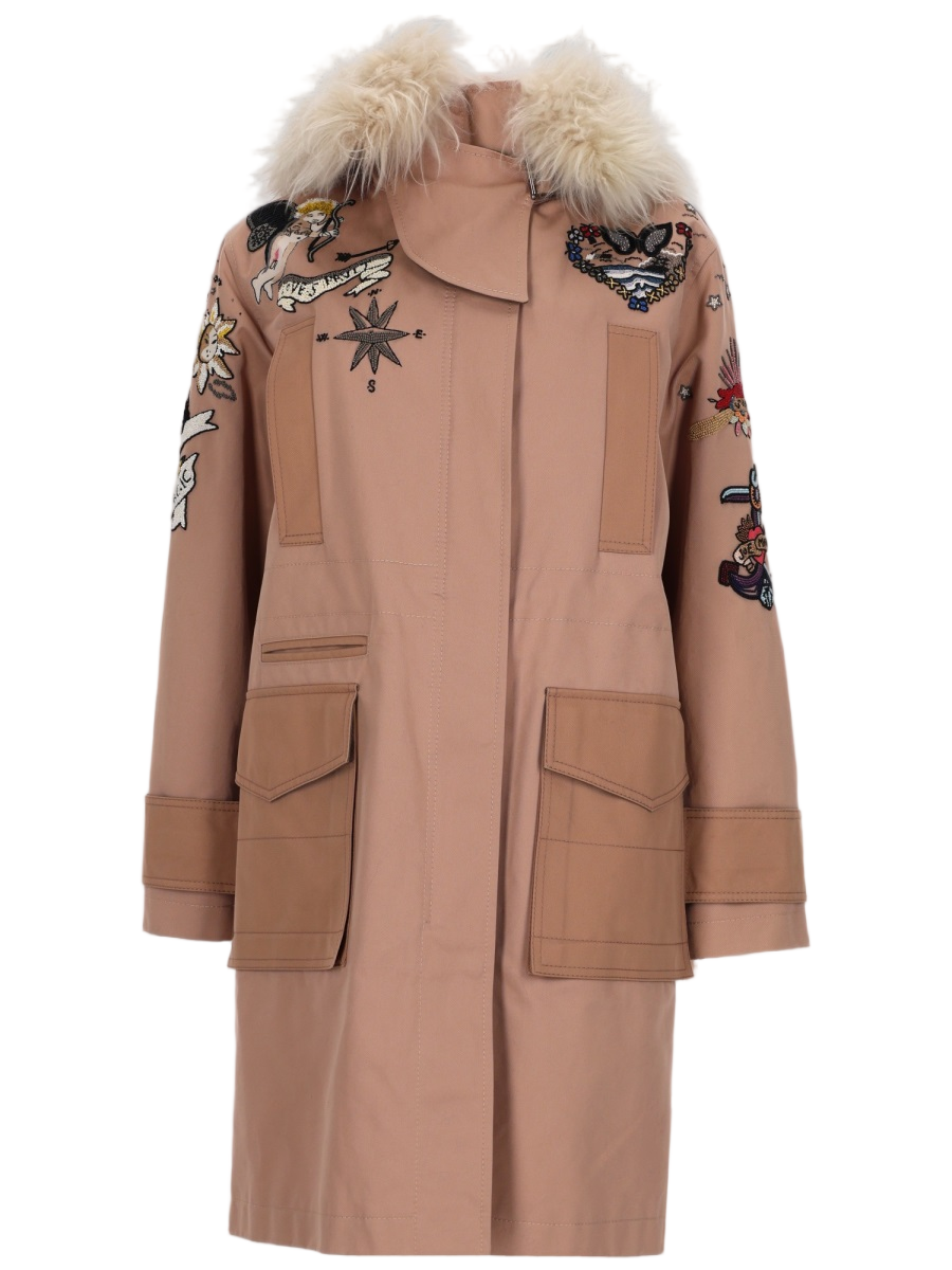 Valentino Mid-Length Embroidered Coat with Plush Fur Collar Neutraal