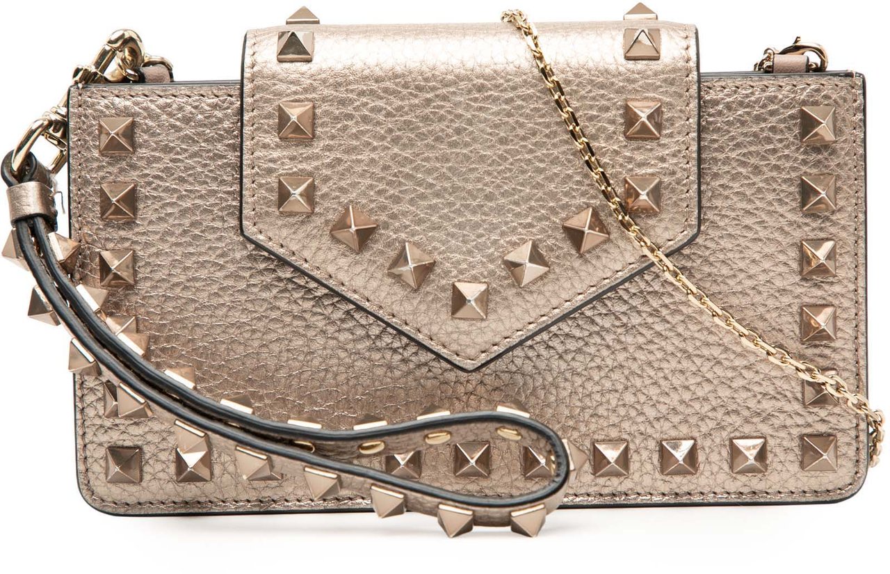 Valentino Metallic Pebbled Calfskin Rockstud Phone Case with Chain Bruin