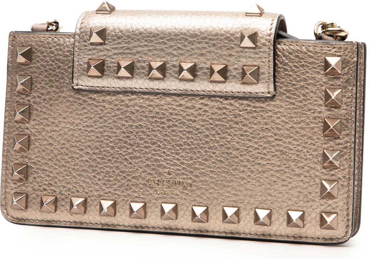 Valentino Metallic Pebbled Calfskin Rockstud Phone Case with Chain Bruin