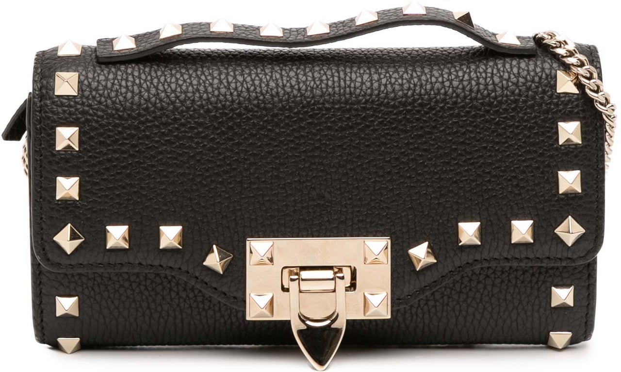Valentino Pebbled Calfskin Rockstud Flip Lock Wallet On Chain Zwart