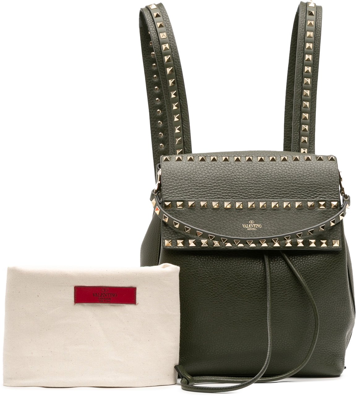 Valentino Grained Calfskin Rockstud Flap Backpack Groen