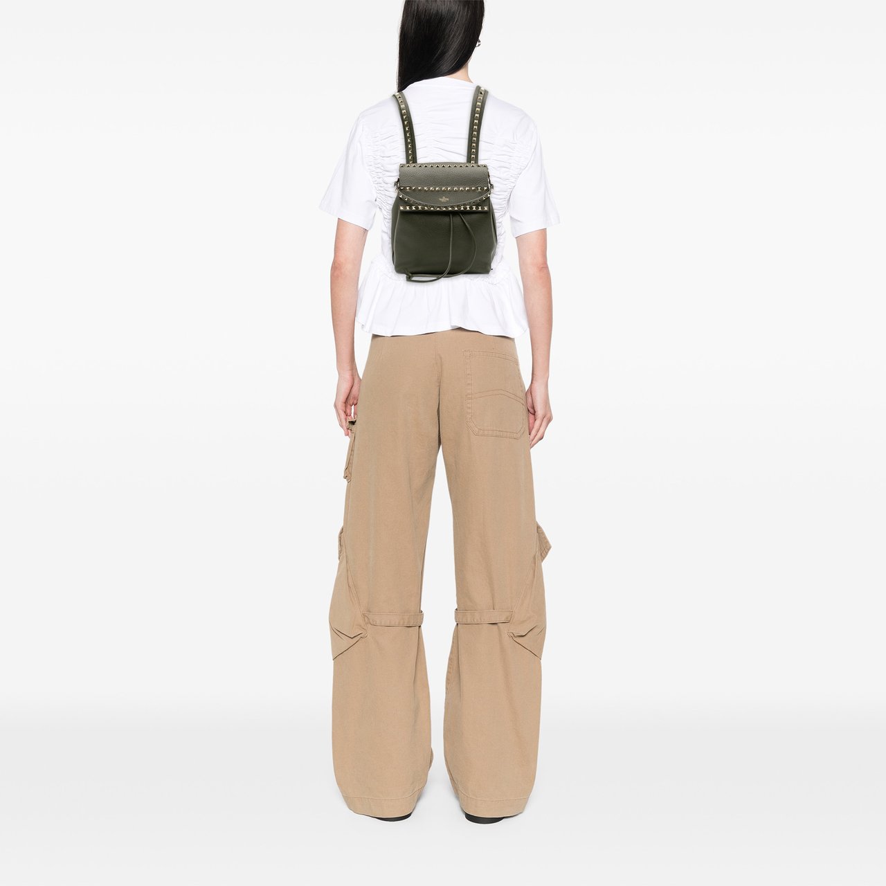 Valentino Grained Calfskin Rockstud Flap Backpack Groen