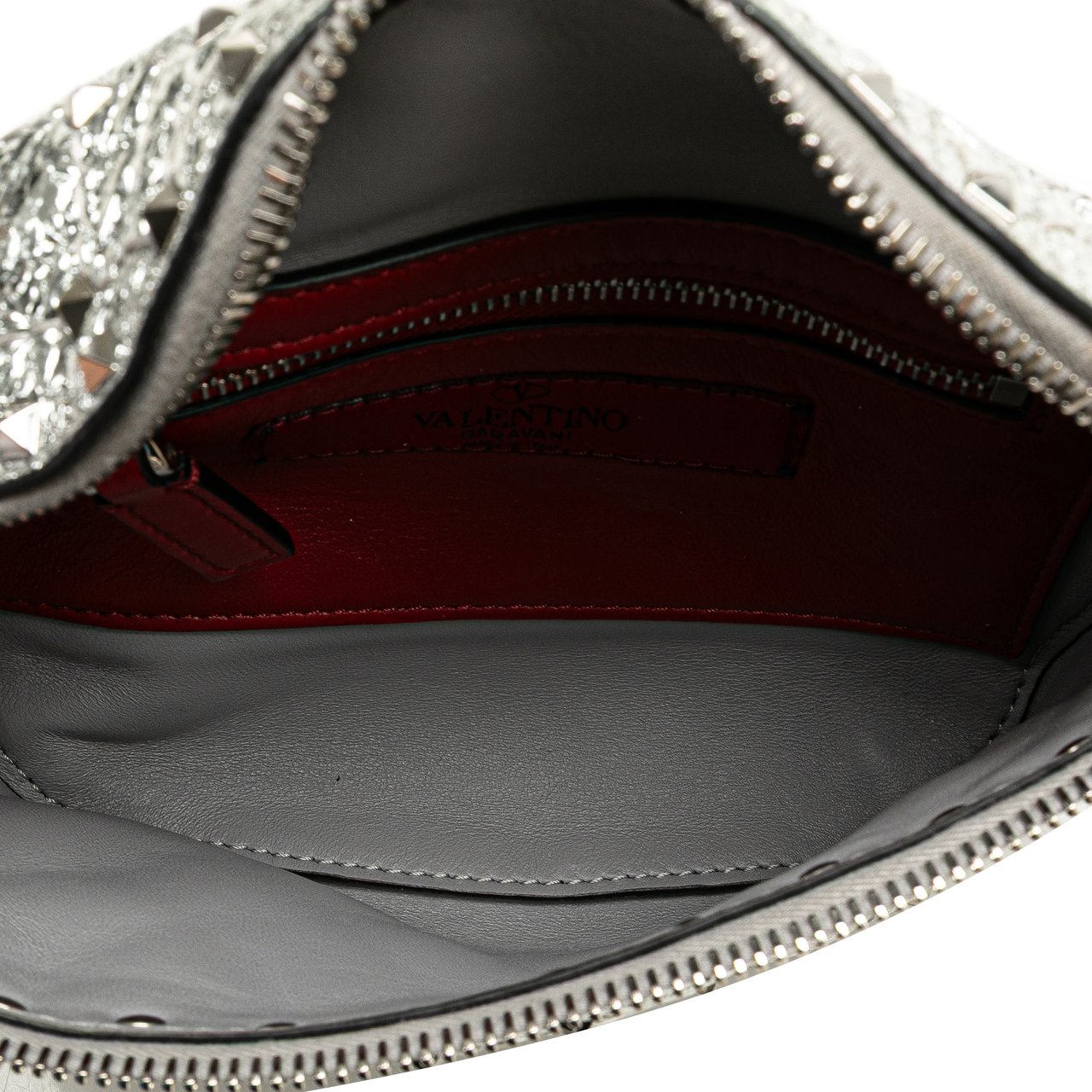 Valentino Metallic Craquele Nappa Rockstud Spike Belt Bag Zilver