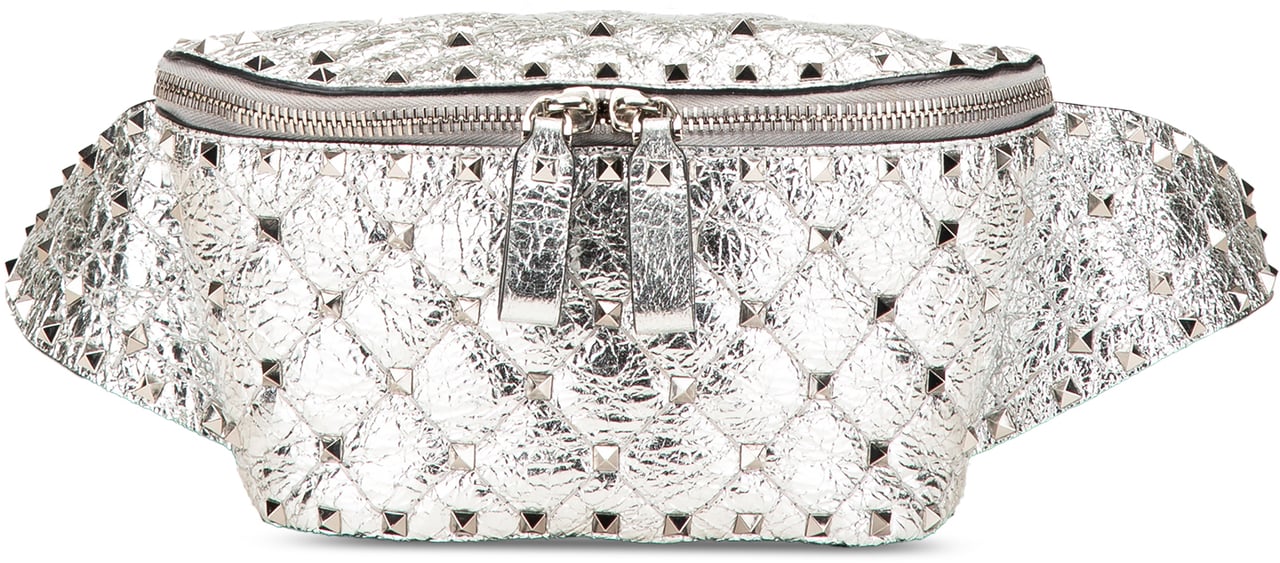 Valentino Metallic Craquele Nappa Rockstud Spike Belt Bag Zilver