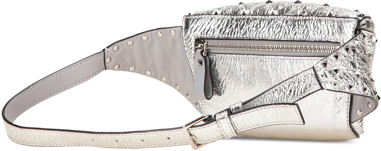 Valentino Metallic Craquele Nappa Rockstud Spike Belt Bag Zilver