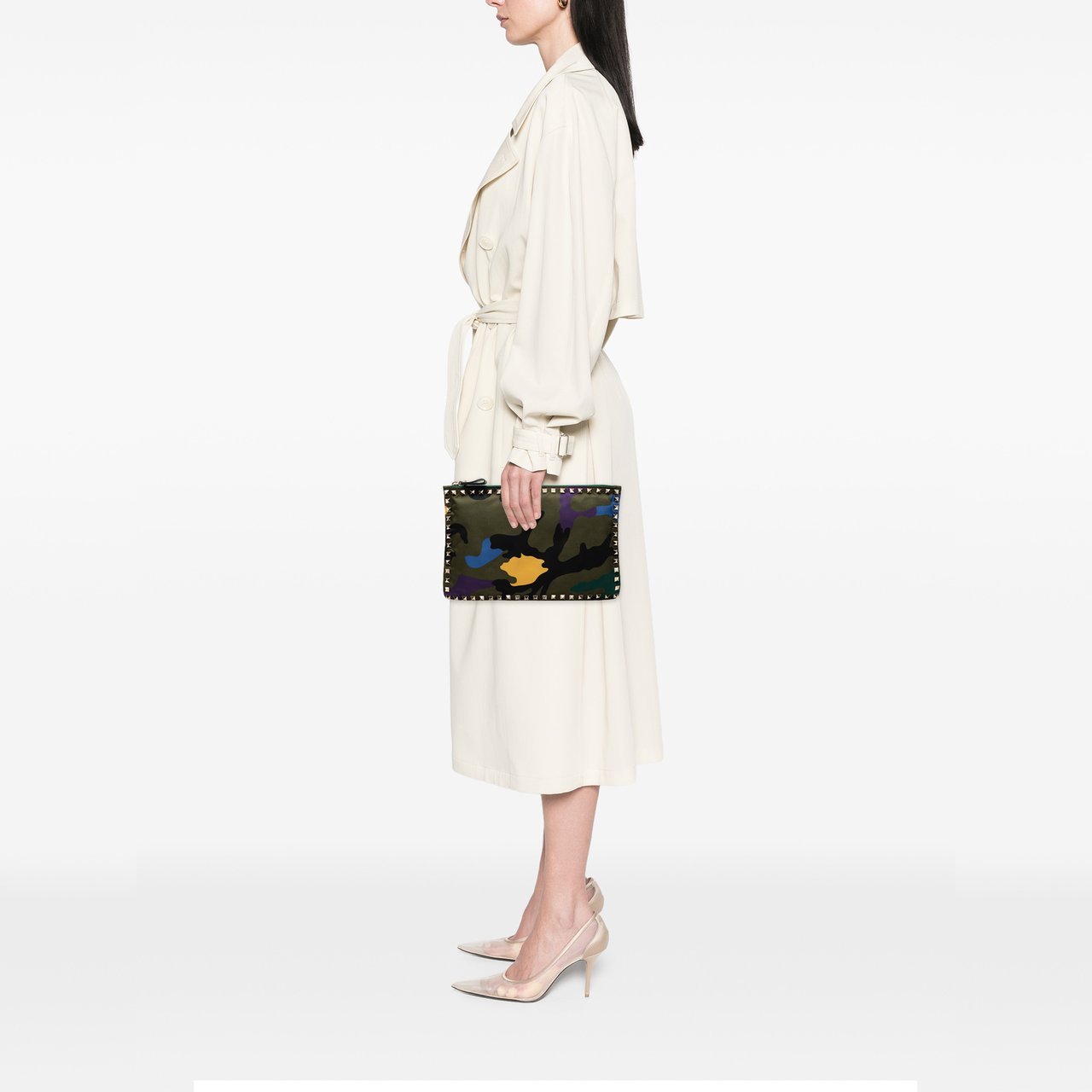 Valentino Nylon Rockstud Camouflage Zip Clutch Groen