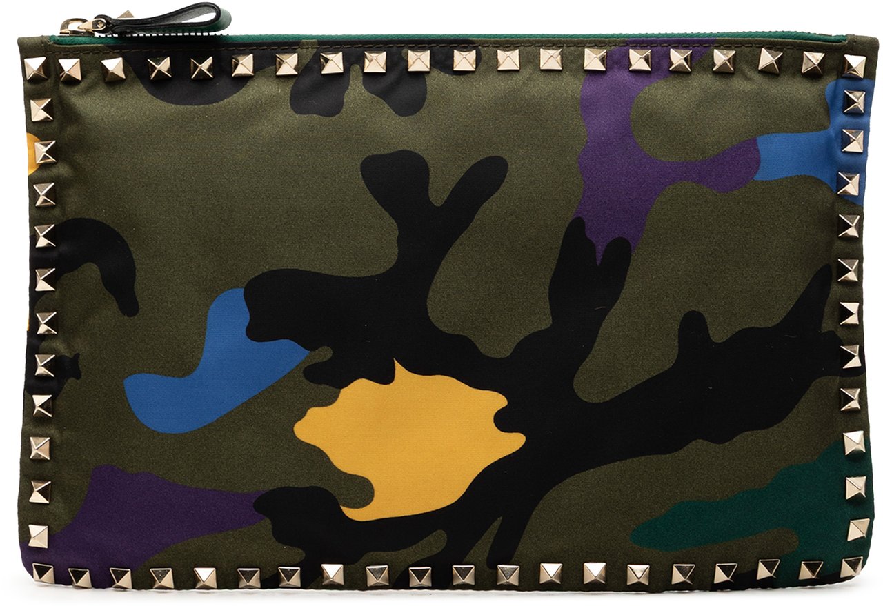 Valentino Nylon Rockstud Camouflage Zip Clutch Groen