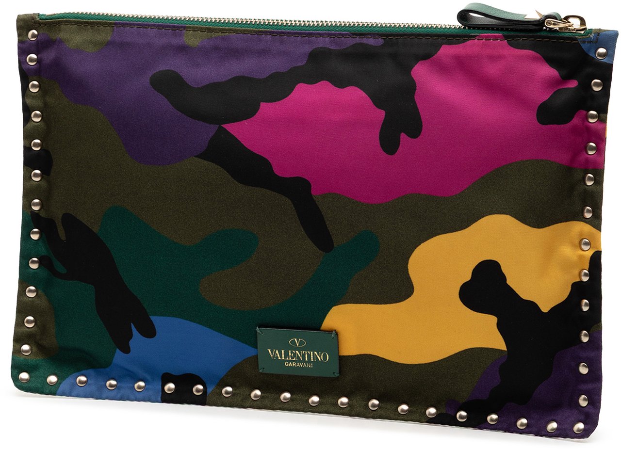 Valentino Nylon Rockstud Camouflage Zip Clutch Groen
