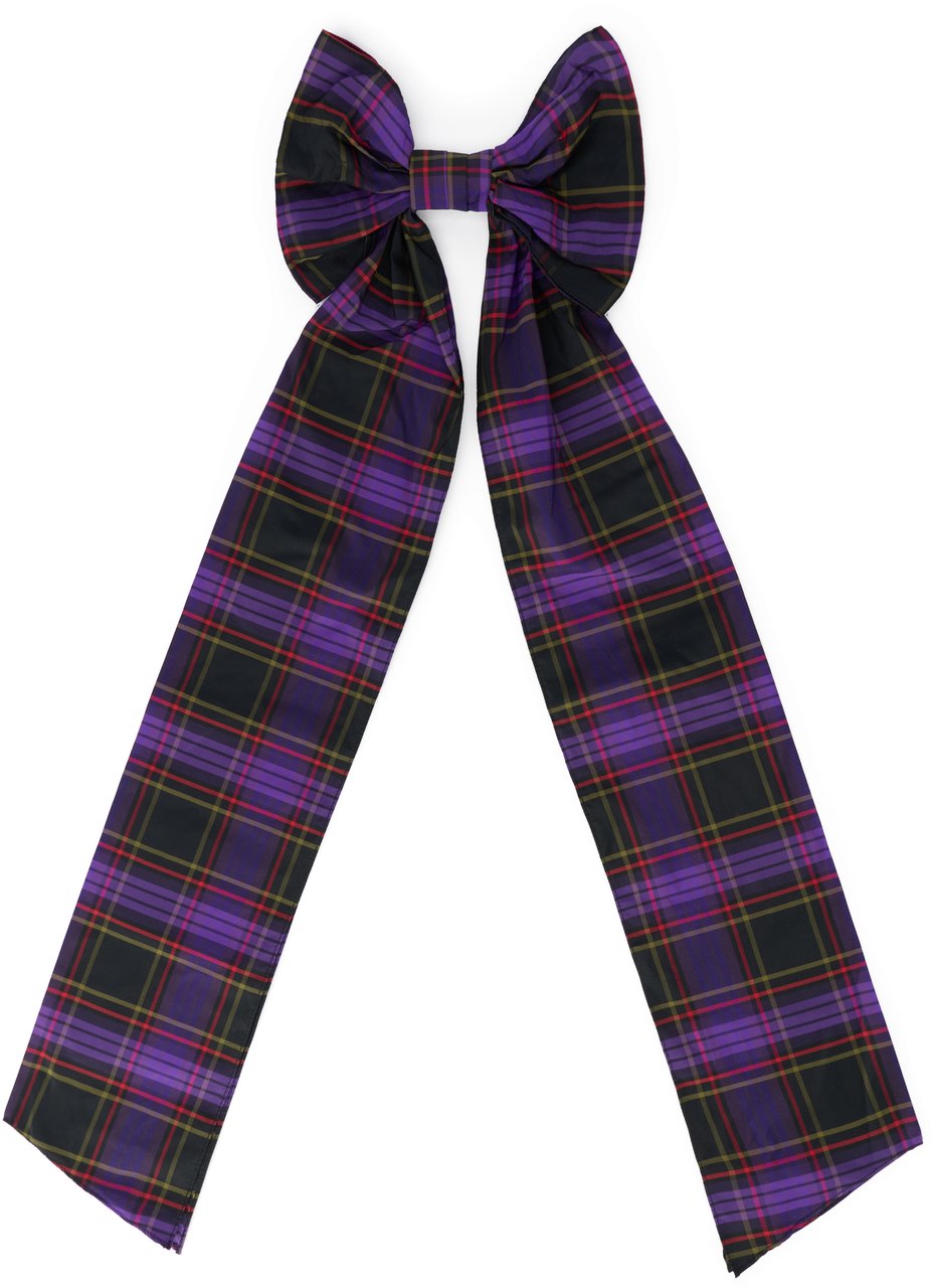 Valentino Hairpin in the shape of a bow with tartan pattern in shades of black and purple, elegant and versatile. Paars