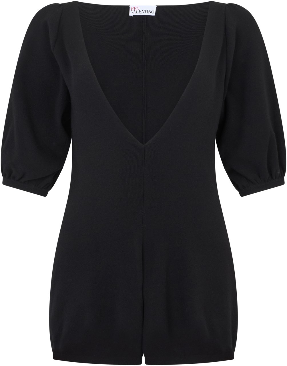 Valentino Black short jumpsuit with a V-neck and balloon sleeves. Zwart