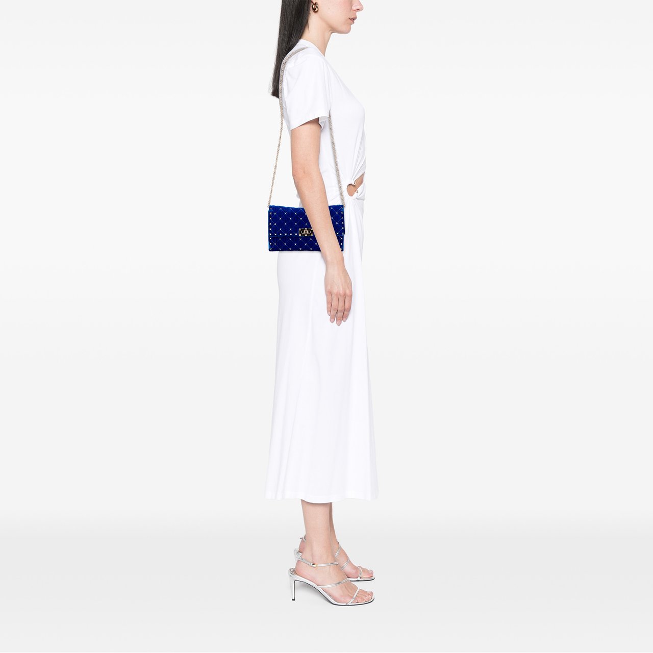 Valentino Quilted Velvet Rockstud Spike Wallet on Chain Blauw