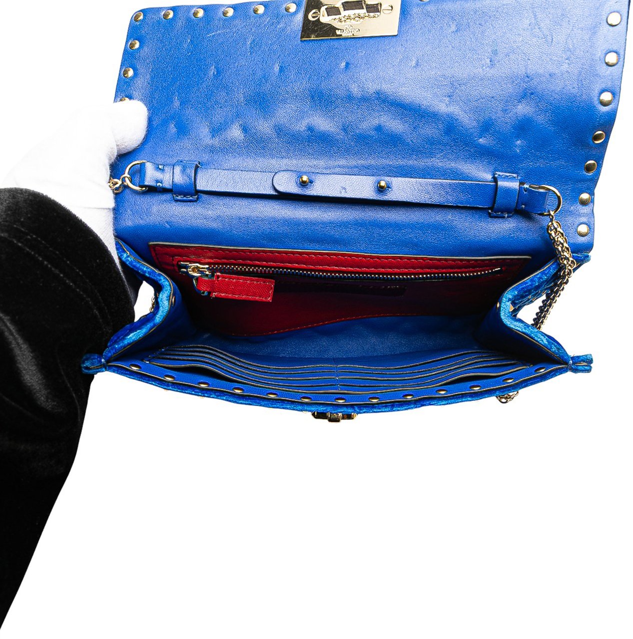 Valentino Quilted Velvet Rockstud Spike Wallet on Chain Blauw