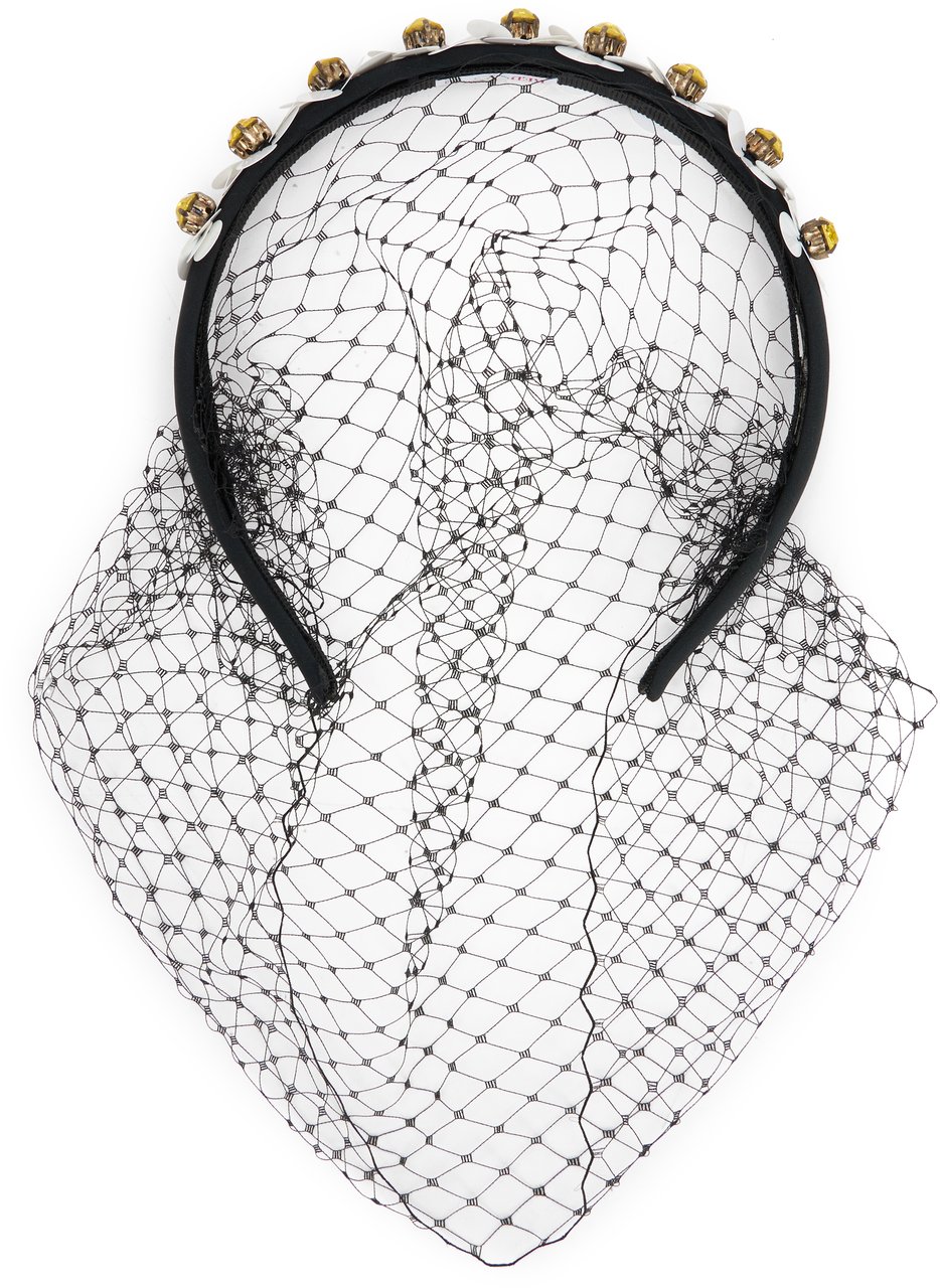 Valentino Elegant headband with mesh, flowers and luminous rhinestones. Zwart