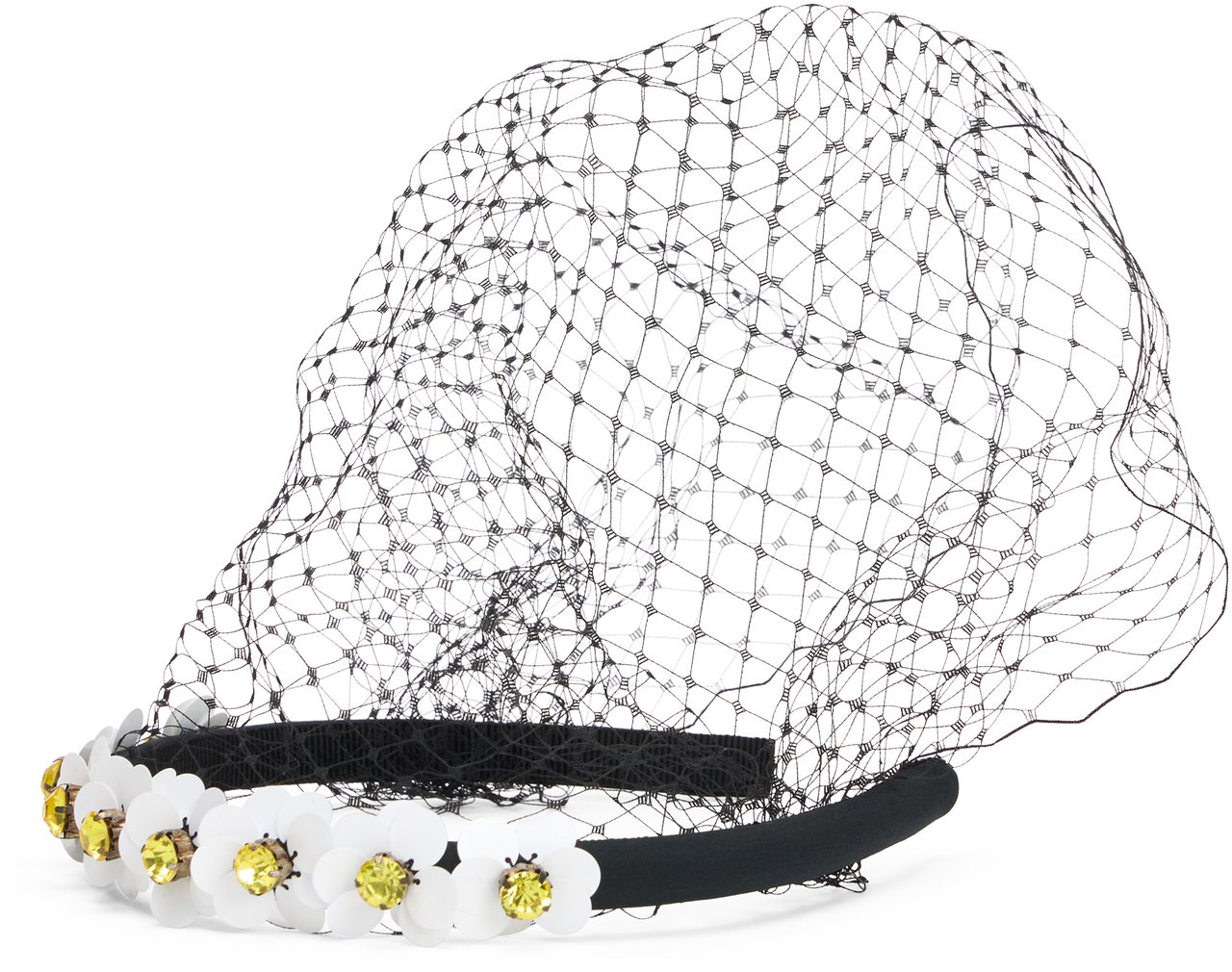 Valentino Elegant headband with mesh, flowers and luminous rhinestones. Zwart