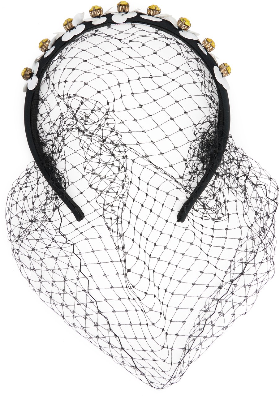 Valentino Elegant headband with mesh, flowers and luminous rhinestones. Zwart