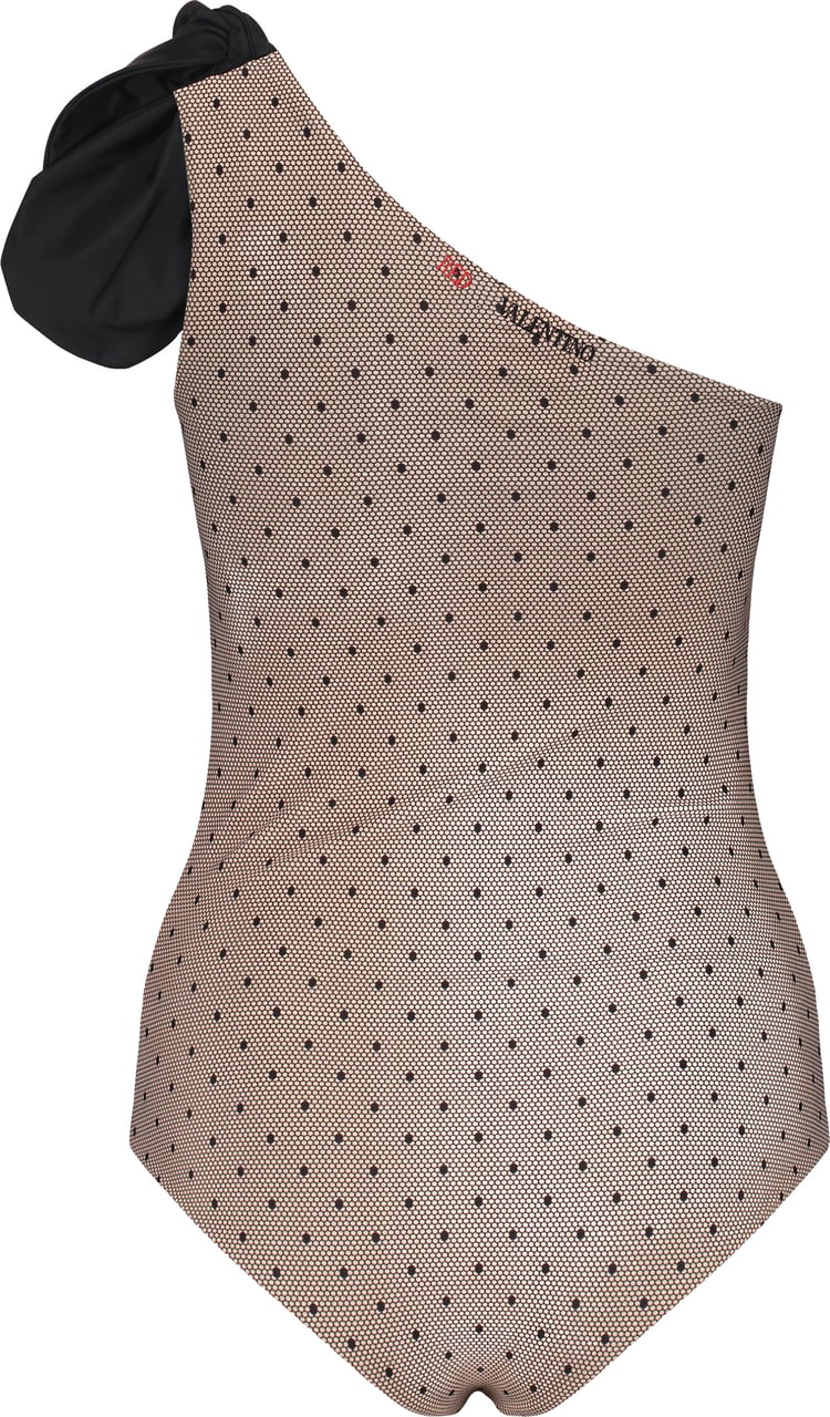 Valentino One-Shoulder Beige Dress with Polka Dot Details Zwart