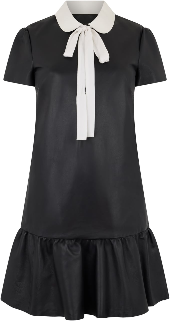 Valentino Elegant black leather dress with white collar, minimal and chic. Zwart