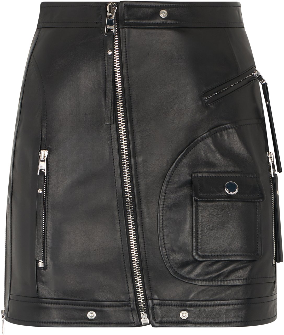 Valentino Short black leather skirt with zipper and decorative functional pockets with bold design. Zwart