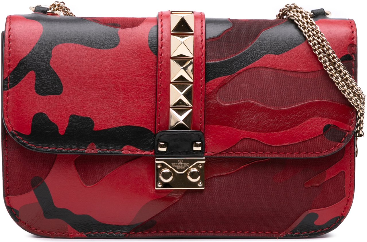Valentino Medium Nappa and Canvas Camouflage Rockstud Glam Lock Crossbody Rood
