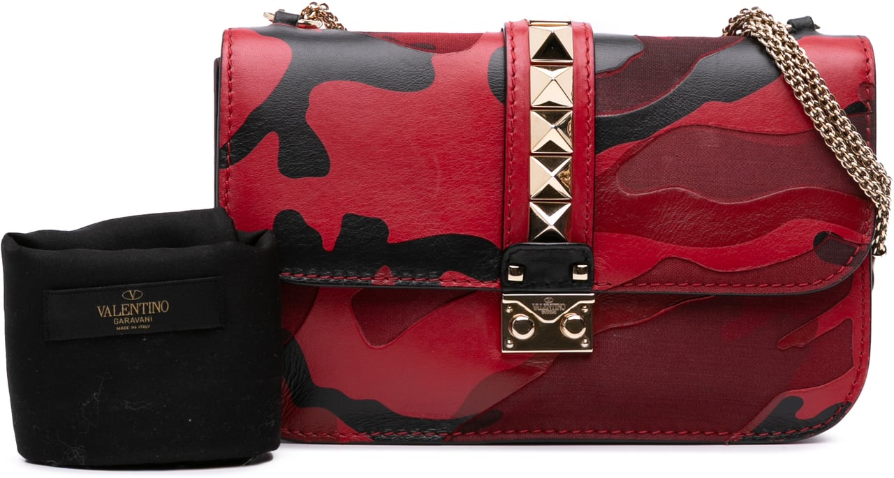Valentino Medium Nappa and Canvas Camouflage Rockstud Glam Lock Crossbody Rood