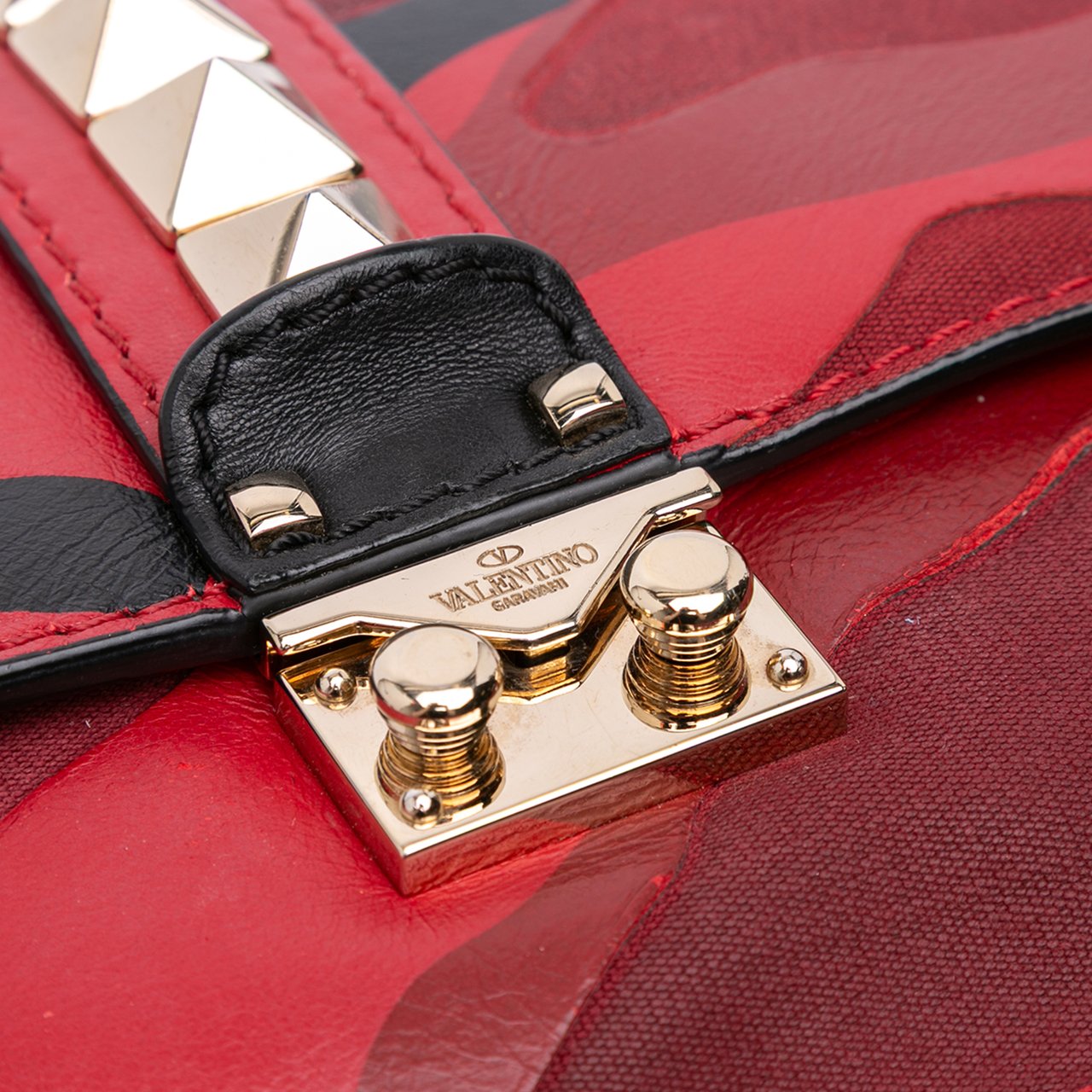 Valentino Medium Nappa and Canvas Camouflage Rockstud Glam Lock Crossbody Rood