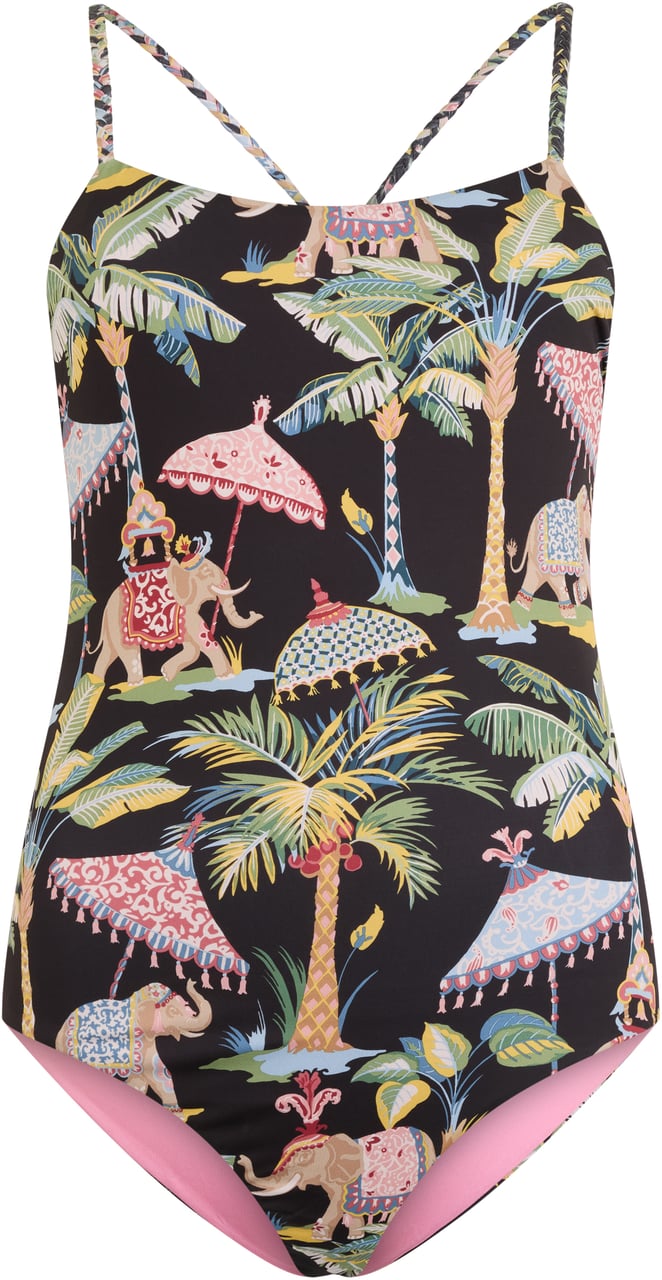 Valentino Black one-piece swimsuit with crisscross straps and colorful print. Zwart