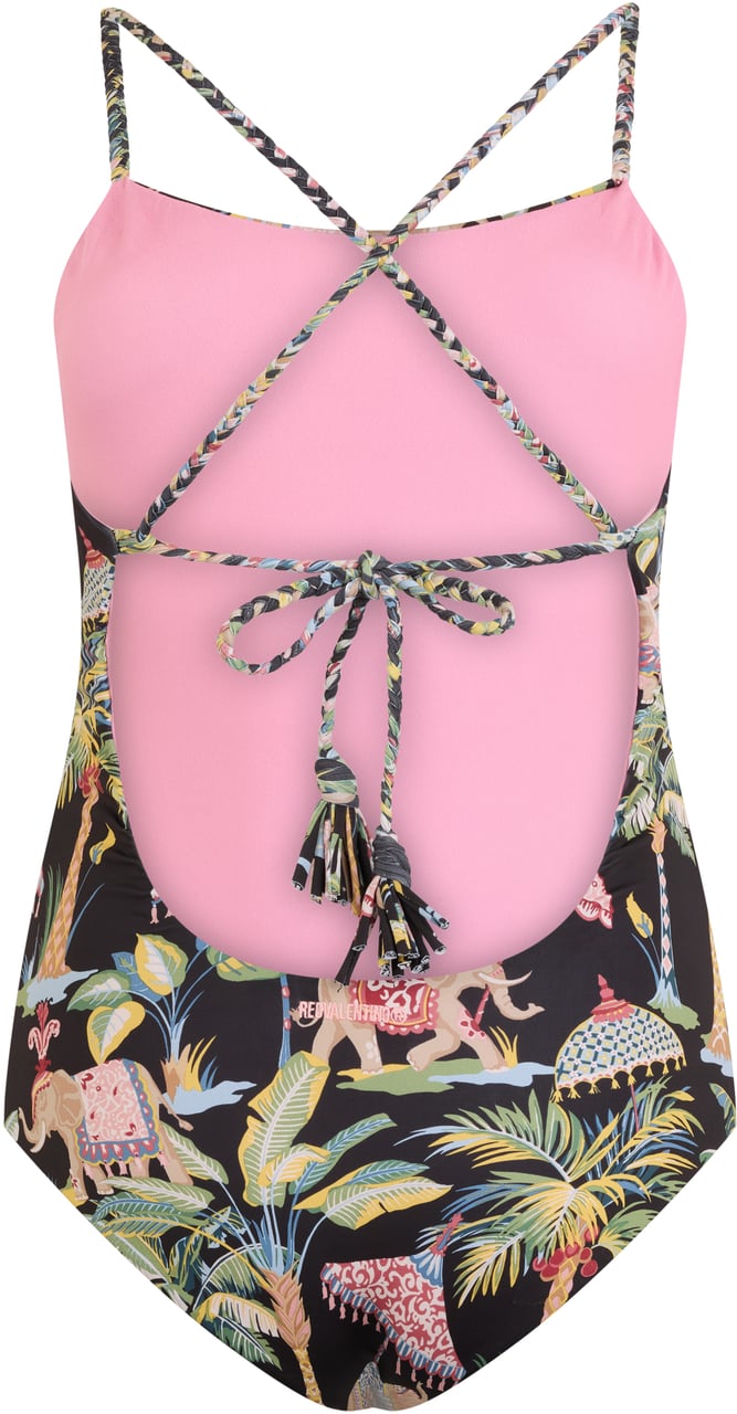 Valentino Black one-piece swimsuit with crisscross straps and colorful print. Zwart